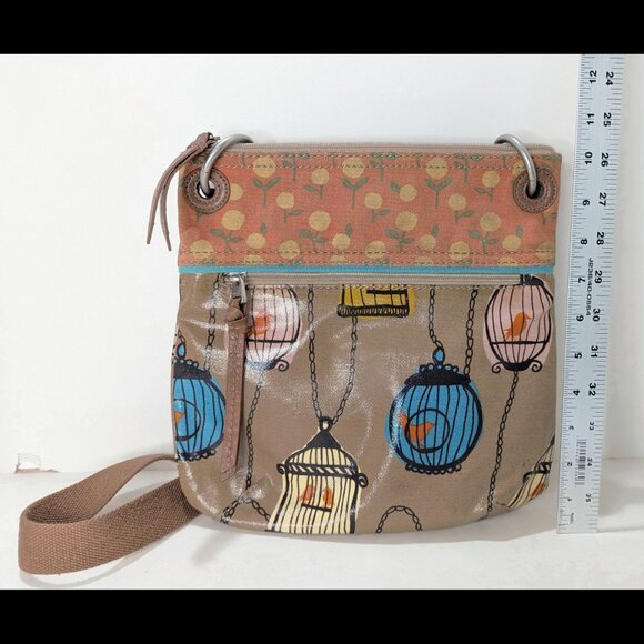 Stylish FOSSIL Coated Canvas KEYPER Birdcage Pattern Brown, Apricot Shoulder Bag